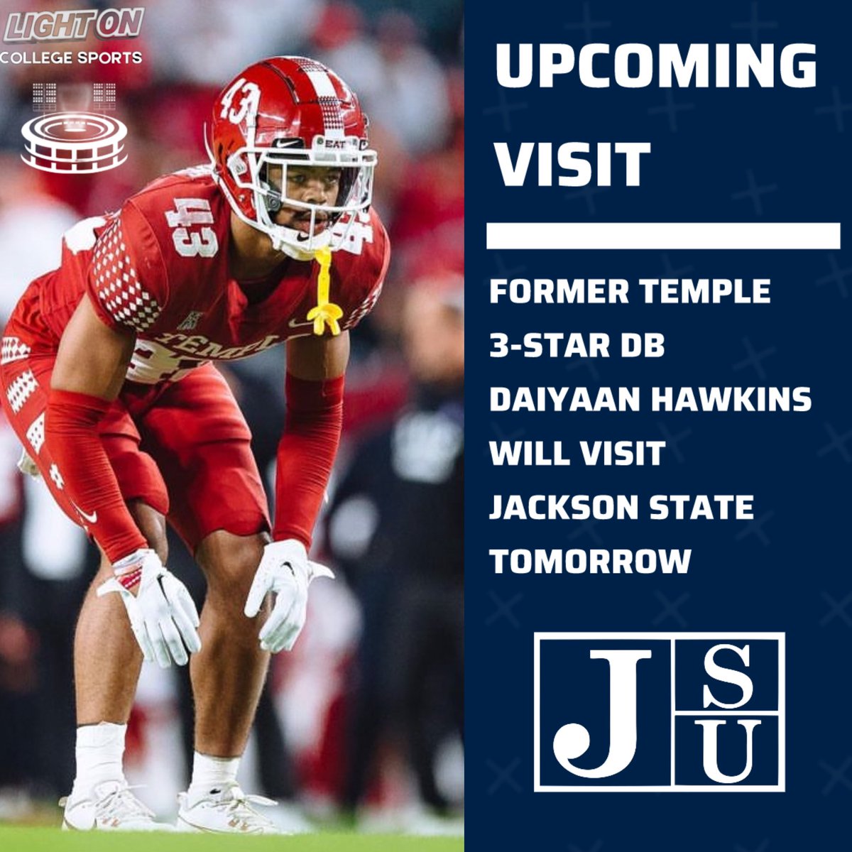 LIGHT ON COLLEGE SPORTS (@lightonsports) on Twitter photo Former Temple 3-Star DB Daiyaan Hawkins will visit Jackson State tomorrow, per his social media. 🐅
<a href="/DaiyaanHawkins4/">Mr. LockDown ✰</a> Former Temple 3-Star DB Daiyaan Hawkins will visit Jackson State tomorrow, per his social media. 🐅
<a href="/DaiyaanHawkins4/">Mr. LockDown ✰</a>