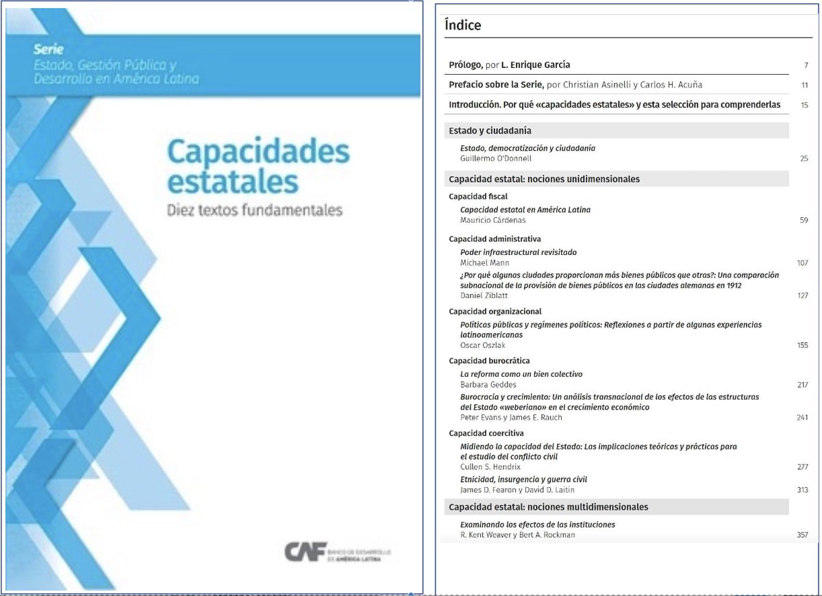 𝗟𝗲𝗰𝘁𝘂𝗿𝗮𝘀 𝘀𝗼𝗯𝗿𝗲 𝗰𝗮𝗽𝗮𝗰𝗶𝗱𝗮𝗱 𝗲𝘀𝘁𝗮𝘁𝗮𝗹 Para la discusión del tema del Estado y la capacidad estatal, los artículos en este compendio de la @AgendaCAF coordinado por @marichud son referencias clave en la discusión. Descarga libre: scioteca.caf.com/bitstream/hand…