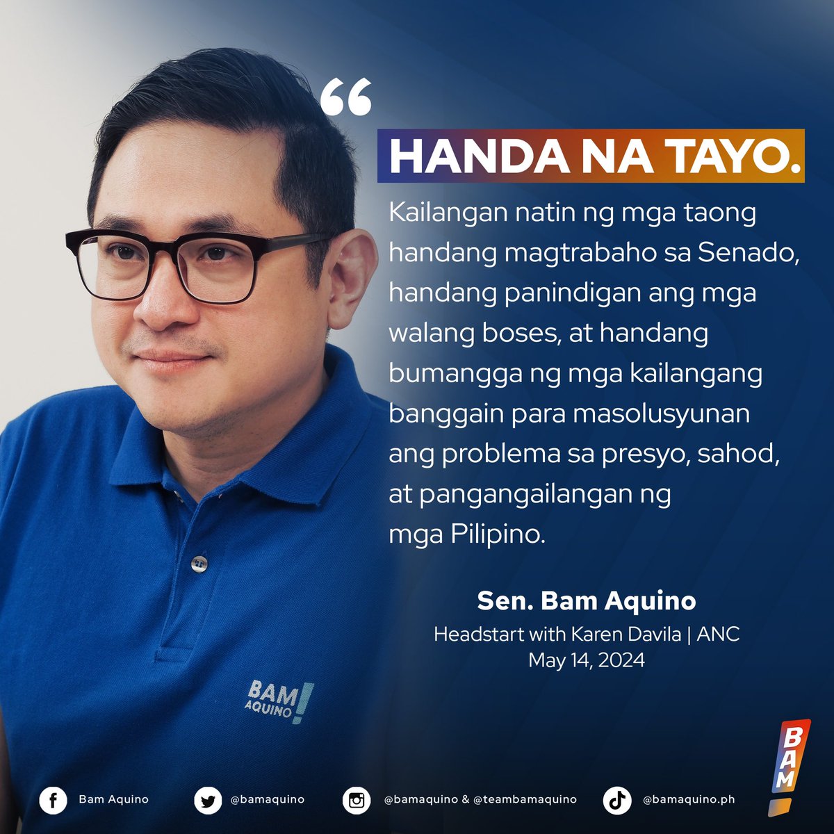 HANDA NA TAYO. 🇵🇭 Kailangan natin ng mga taong handang magtrabaho sa Senado, handang panindigan ang mga walang boses, at handang bumangga ng mga kailangang banggain para masolusyunan ang problema sa presyo, sahod, at pangangailangan ng mga Pilipino.