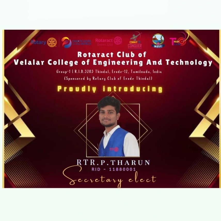 RCVCET_3203's tweet image. *Rcvect

   *_✨Rtr.P. Tharun✨_*
            as the 
*_🎉Secretary Elect🎉_*
 (2023-24)

#RID_3203  
#3203  
#C2C  
#rcvcet  
#SecretaryElect
