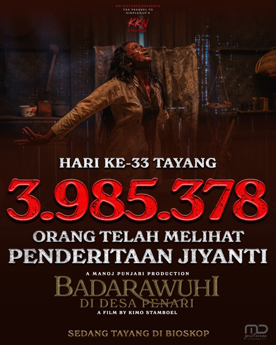 𝟑.𝟗𝟖𝟓.𝟑𝟕𝟖 orang sudah melihat penderitaan Jiyanti! 😭

Bagi yang belum nonton, Badarawuhi di Desa Penari masih tayang di bioskop.

#Badarawuhi
#BadarawuhiDiDesaPenari
#MDEntertainment
#MDPictures