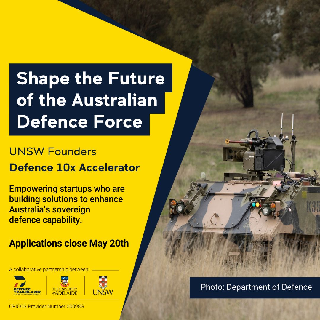 📢 LAST CALL! The @UNSWFounders Defence 10x Accelerator (D10x) is calling for startups that dare to dream big and aim to redefine the landscape of Australia’s defence technology. #AcceleratorProgram #AustralianStartUp #AustralianBusiness #DefenceIndustry