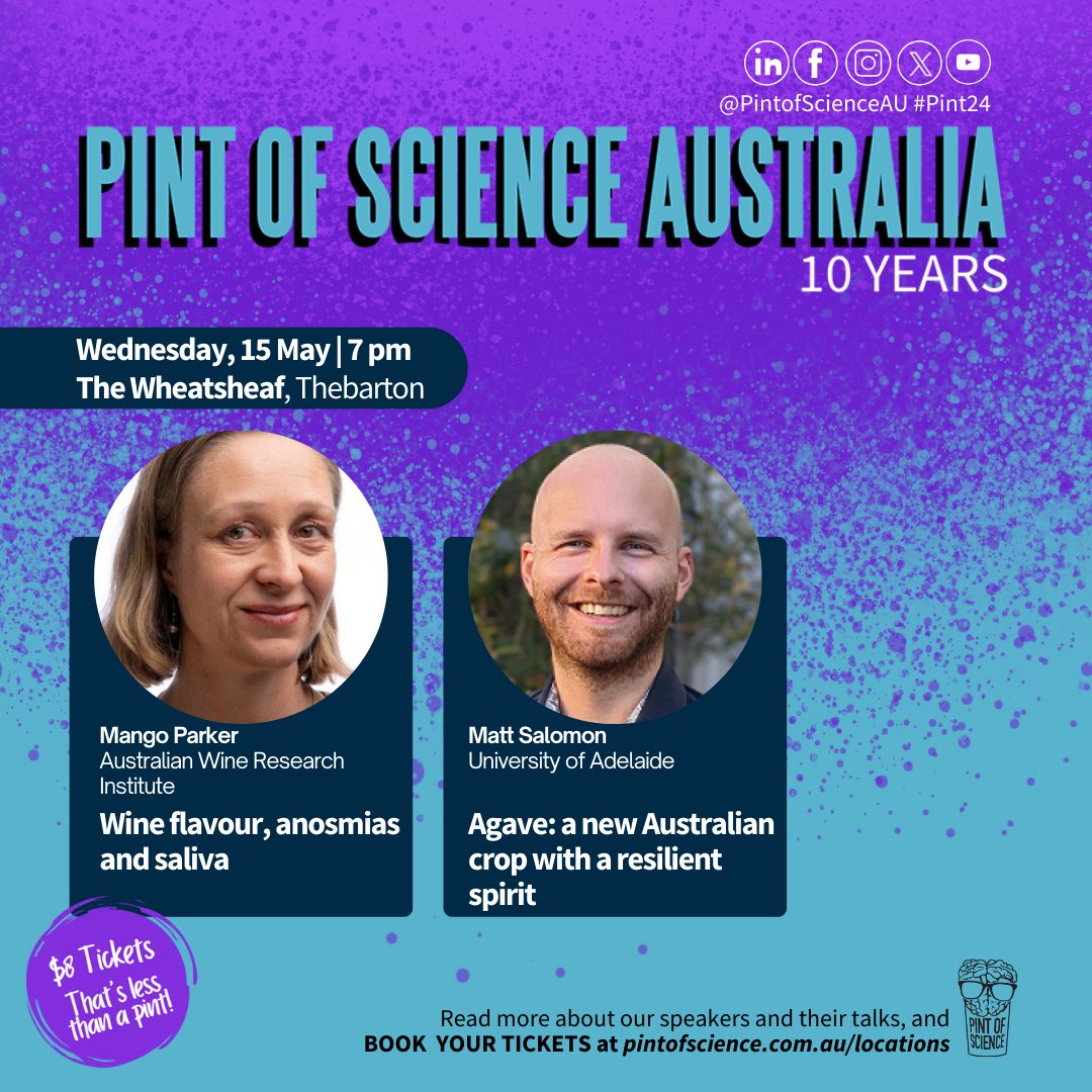 We're proud to sponsor @pintofscienceAU this year 🧬✨ Check out our speakers at this week's events – regos below ✅ From Predicting Risk to Enhancing Recovery 👉 adelaideuni.co/UnlockingNeuro… Unveiling wine's secret flavours & the vibrant future of agave 👉 adelaideuni.co/SavouringTheSip