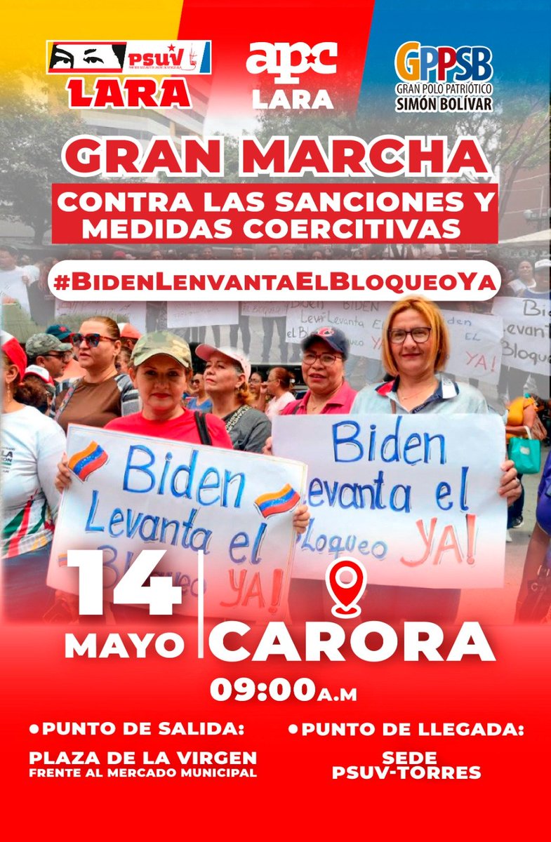 📣 LARA Gran Marcha en Carora contra las sanciones y medidas coercitivas Fecha: 14/05/2024 Hora: 09:00 A.M Ruta: Desde la Plaza de la Virgen, frente al mercado municipal, hast la sede PSUV-Torres ¡ASISTE!