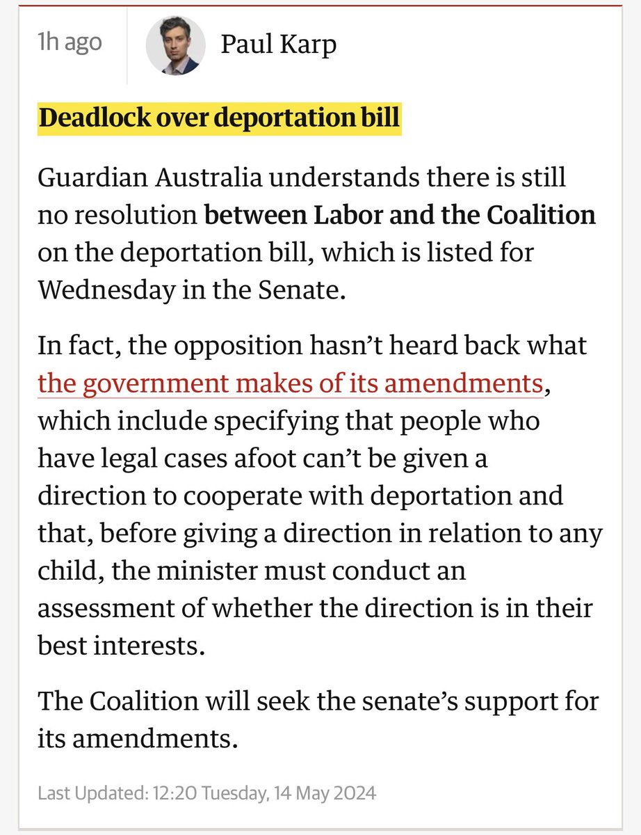 We are in Parliament House for budget but also discussions around ALP’s deportation and entry ban bill. Currently listed for the senate tomorrow. The opposition to the bill is overwhelming, with widespread concerns raised including from the coalition (?!!). @Paul_Karp