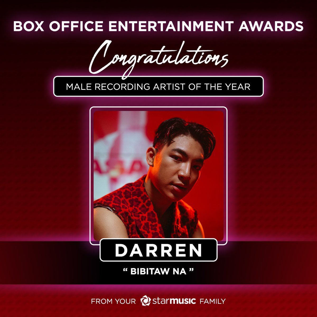 Big congratulations to @Espanto2001 for getting the Male Recording Artist of the Year award for #BibitawNa! ❤️‍🔥 Thank you to the Box Office Entertainment Awards for this recognition ✨

Don’t miss the #D10 Concert and get your tickets now: 🎟️ tinyurl.com/D10ConcertTick…

#DARREN