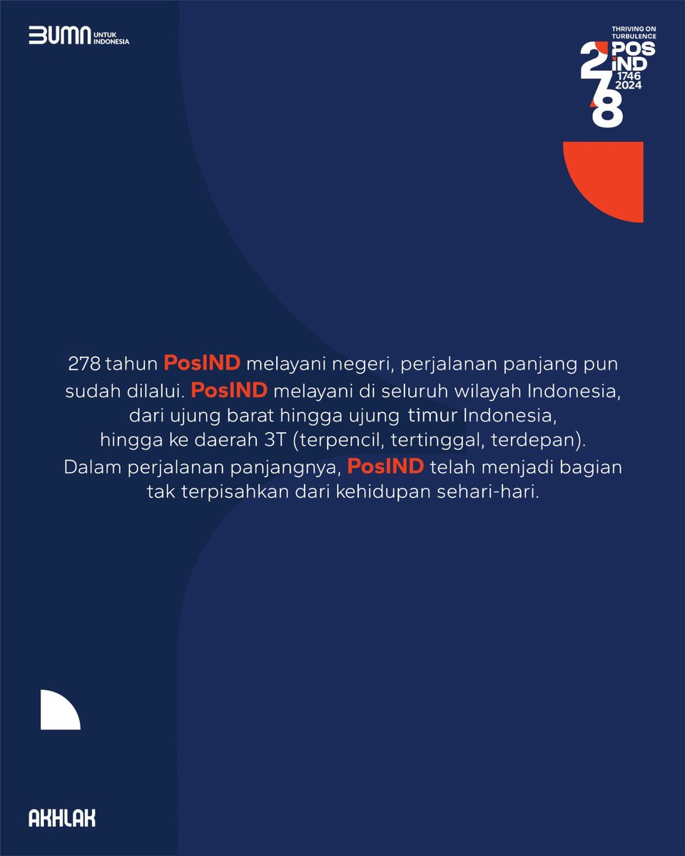 PosIND merupakan salah satu perusahaan Indonesia yang berumur lebih dari 100 tahun. Dalam perjalanan panjangnya, PosIND telah menjadi bagian tak terpisahkan dari kehidupan sehari-hari. #PosIND #PosIndonesia #KantorPos #BUMNUntukIndonesia #278thPosIND #PerusahaanIndonesia