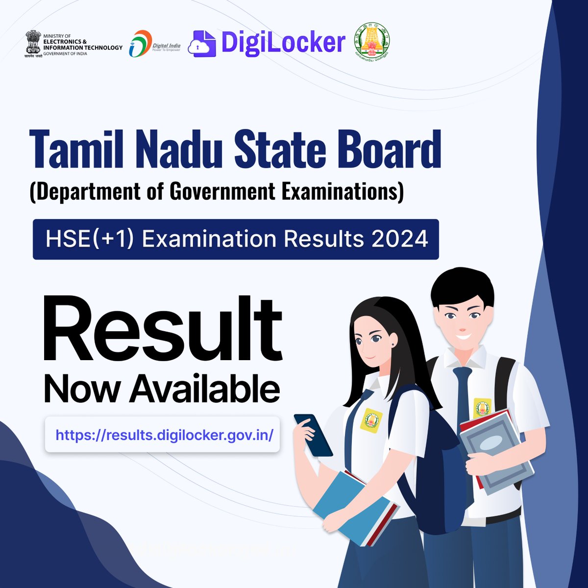 Tamil Nadu State Board (Department of Government Examinations) HSE(+1) Examination Results 2024 are now accessible on the #DigiLocker #Result Page. Visit: results.digilocker.gov.in Congratulations to all the students on their achievements! #TamilNadu