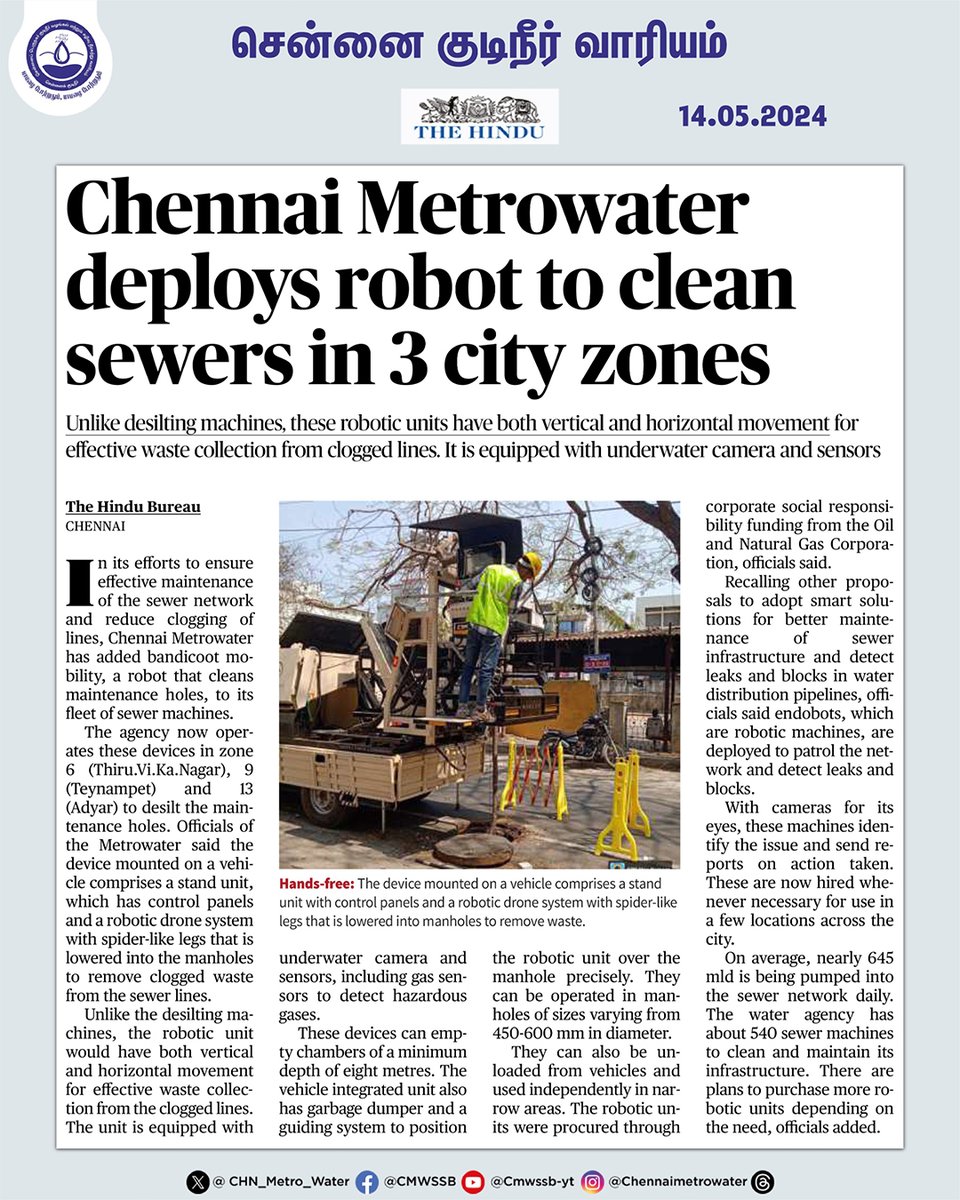 Chennai Metrowater deploys robot to clean sewers in 3 city zones

#CMWSSB | #ChennaiMetroWater | @TNDIPRNEWS @CMOTamilnadu @KN_NEHRU @tnmaws @PriyarajanDMK @RAKRI1 @MMageshkumaar @rdc_south @the_hindu