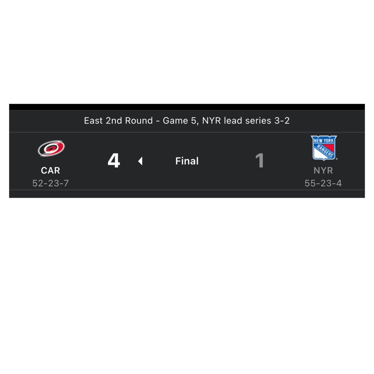 In Game 5 of the #NationalHockeyLeague’s 2023-2024 #StanleyCup #Playoffs Semifinal Round, played on #May 13, 2024, The #NewYork #Rangers lost to The #Carolina #Hurricanes; The New York Rangers lead the Series: 3-2