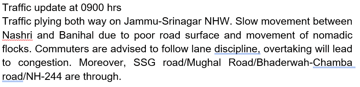 Traffic update at 0900 hrs @JmuKmrPolice @JKTransportDept @OfficeOfLGJandK @Divcomjammu @DivComKash @ZPHQJammu @diprjk @ddnews_jammu @ddnewsSrinagar @ddnewsladakh