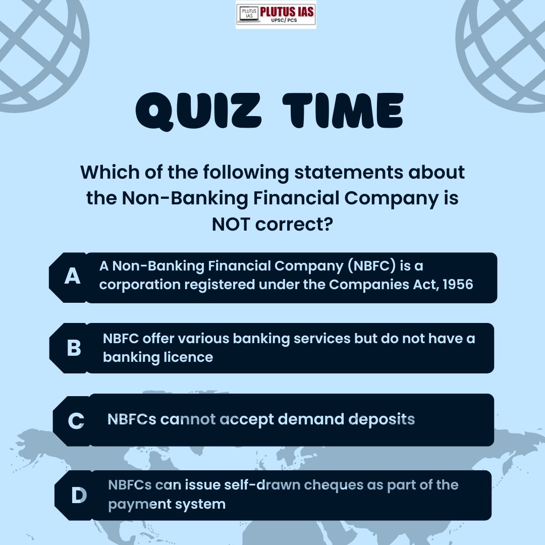 Think you know your finance facts? 🤔 

Take our quiz and spot the incorrect statement about Non-Banking Financial Companies (NBFCs)! 🏦
.
.
.
#plutusias #quiz #quizoftheday #upscquiz #questionoftheday #upsc #cse #trending #civilservices #explore #trend #follow #aspirants