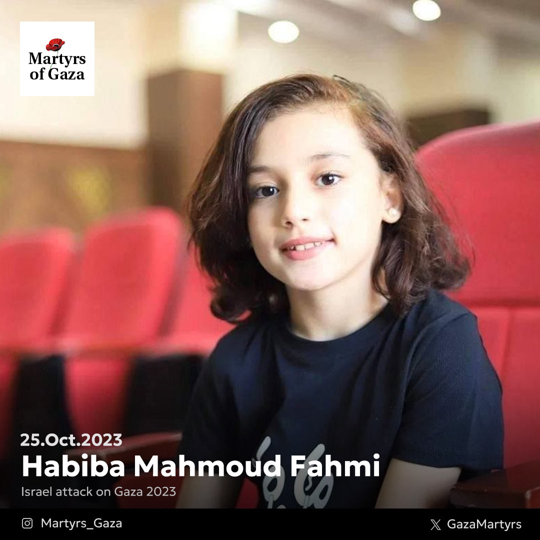 “I wasn't holding a gun; I was just drawing with my brushes.” The martyr child, Habiba Mahmoud Fahmi Abdelqader. I am Habiba, 8 years old, from Gaza. I have beautiful red hair. I study in the third grade, and my grades are always high. I love my father and my only brother,