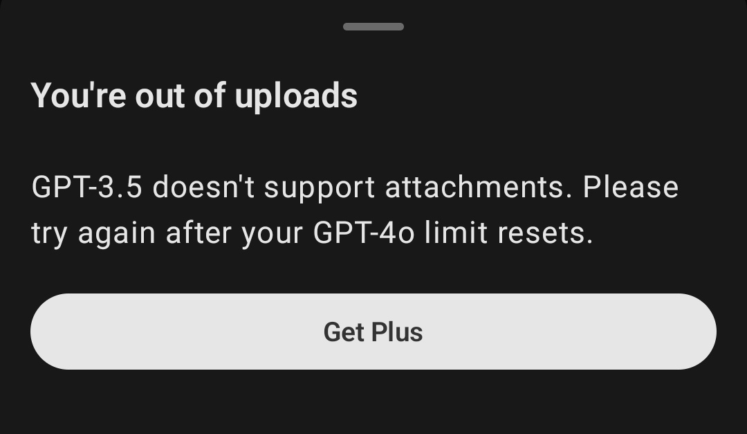 VanshMalikk's tweet photo. What is thisssss? Why there's a limit?and even if there is,Why such a small limit? I just uploaded one image earlier😑

Can anyone help me with this?

@OpenAI @sama @gdb @ChatGPTapp #OpenAI #GPT40 #ChatGPT https://t.co/UeGIlja0to
