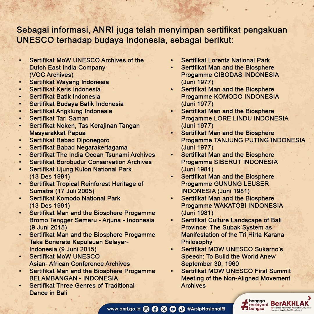 #SahabatArsip sertifikat pengakuan UNESCO terhadap warisan budaya Indonesia yang disimpan di @arsipnasionalri kini bertambah lagi. Informasi selengkapnya silakan simak e-flyer berikut ini, ya! @budayasaya