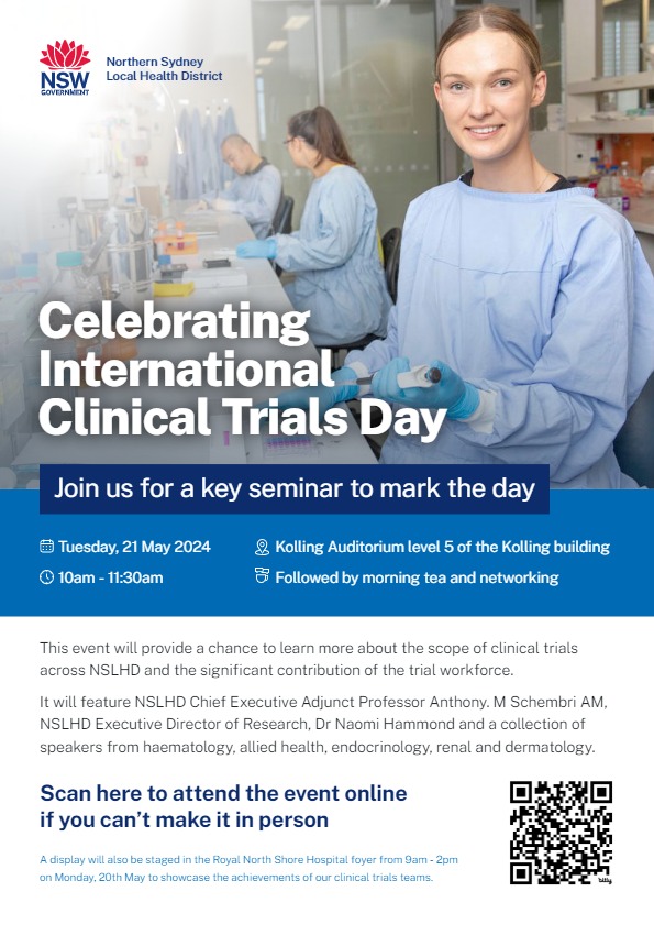 You are invited to join the celebrations marking International Clinical Trials Day. A seminar will be staged on May 21st at 10am in the @KollingINST Auditorium highlighting the significant contribution of the clinical trial workforce. @NthSydHealth @KollingINST @syd_health