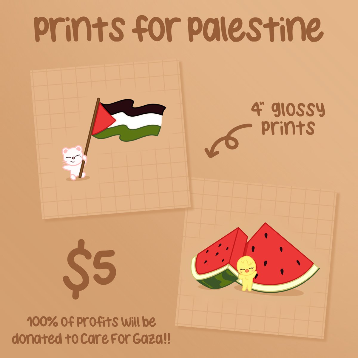 prints for palestine 🇵🇸🍉 rts are appreciated 🤎 prints have now been added & are available for preorder as well!! details are all in the listing 🔗 below & in my bio (if you’ve already ordered a sticker & want to combine shipping pls email or dm me with your order # so i can…