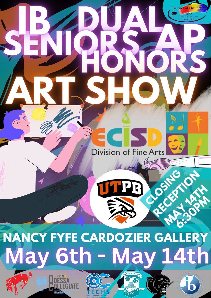 Mojo-visual-arts (@permian_arts) on Twitter photo The last show of the year! The very best artist of <a href="/EctorCountyISD/">Ector County ISD</a> featuring a portfolio of their top works of art. Tuesday May 14 from 6pm till 8pm in the UTPB visual arts gallery. Come check it out!! <a href="/Mike_Adkins1/">Mike Adkins</a> <a href="/ScottMuri/">Scott Muri</a> <a href="/DelesaStyles/">Delesa Styles</a> The last show of the year! The very best artist of <a href="/EctorCountyISD/">Ector County ISD</a> featuring a portfolio of their top works of art. Tuesday May 14 from 6pm till 8pm in the UTPB visual arts gallery. Come check it out!! <a href="/Mike_Adkins1/">Mike Adkins</a> <a href="/ScottMuri/">Scott Muri</a> <a href="/DelesaStyles/">Delesa Styles</a>
