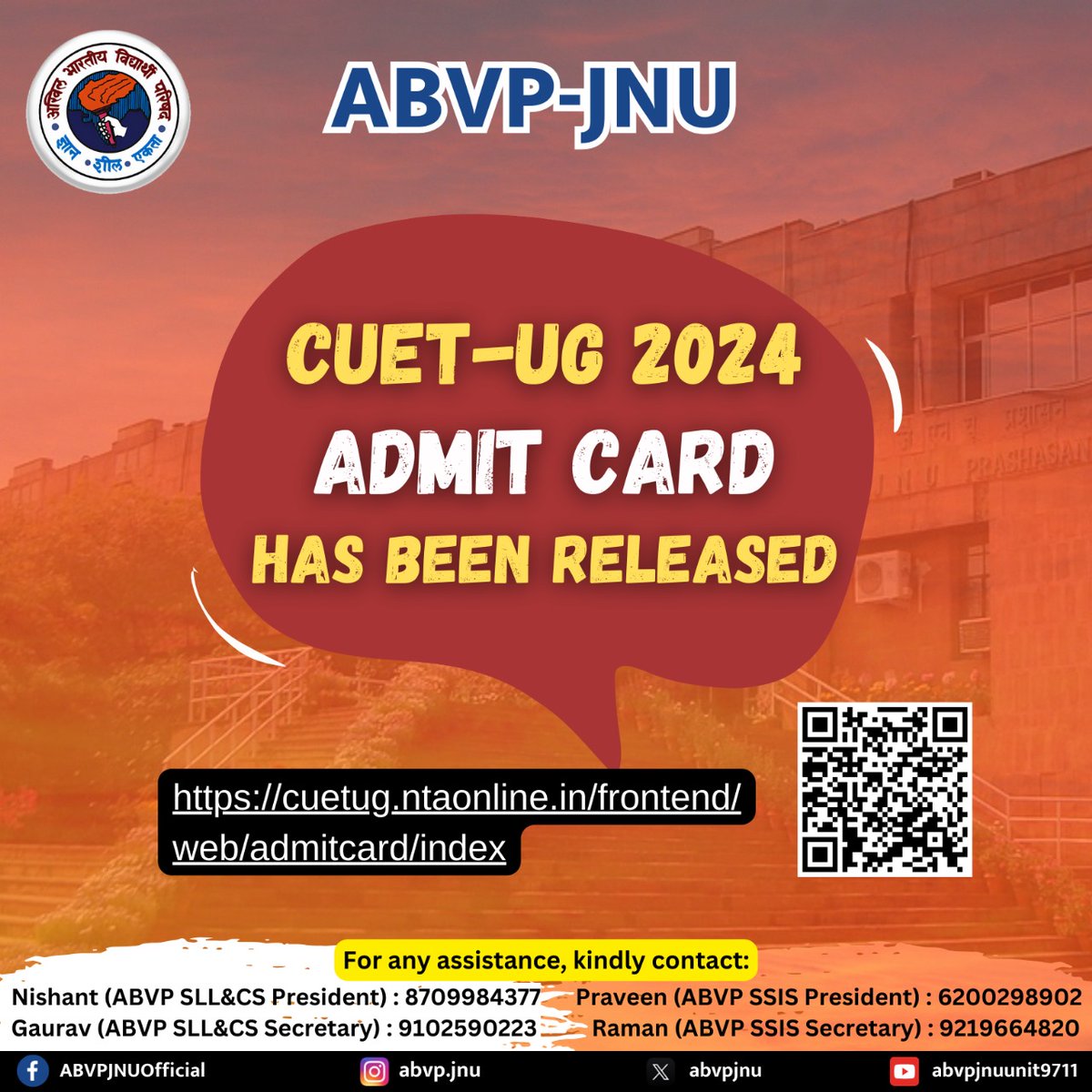 CUET-UG 2024 Admit Card has been released. Kindly visit: cuetug.ntaonline.in/frontend/web/a… to download your admit card. For any assistance, kindly contact the concerned people in the poster. #CUET #ABVP