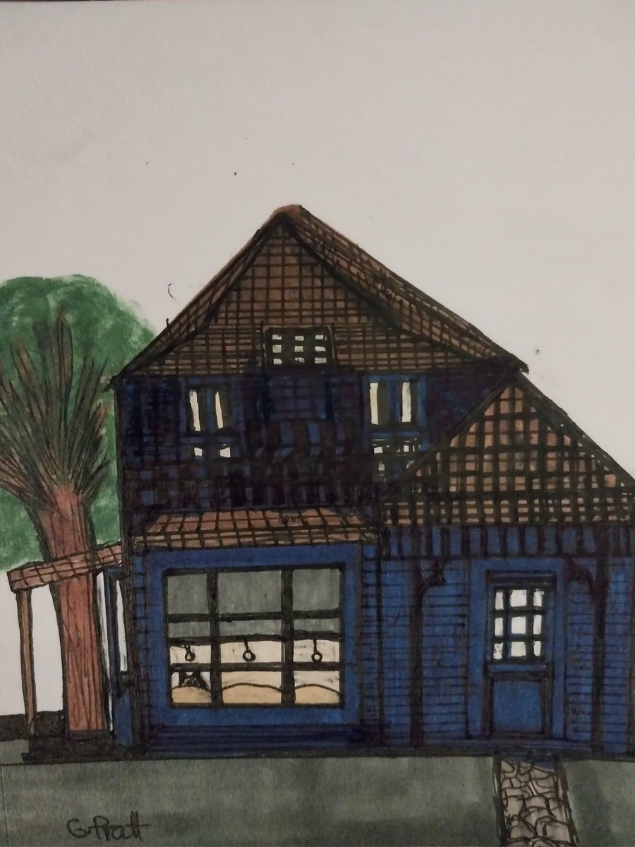 A blue house. Markers and ink.