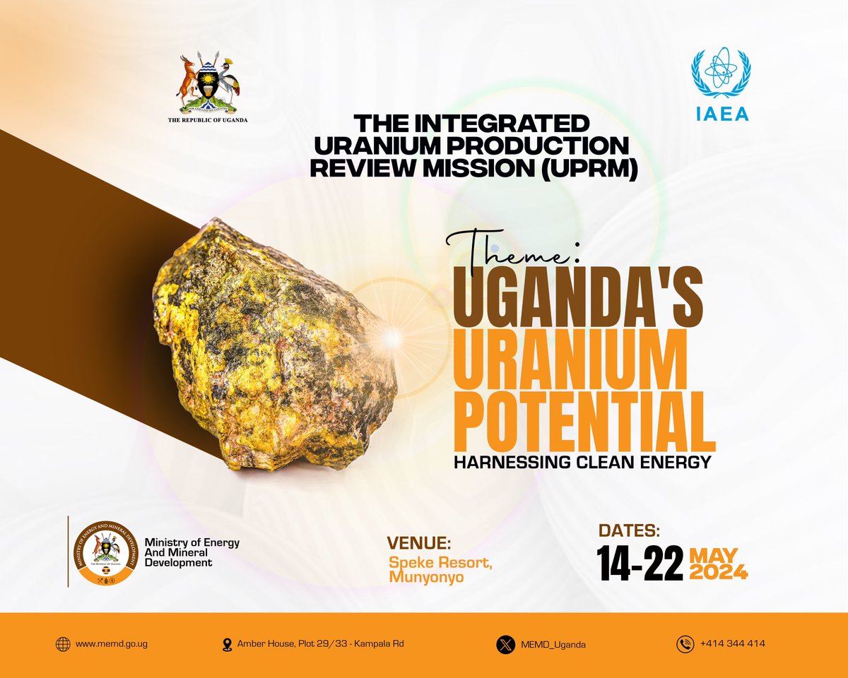 The Government of Uganda through Ministry of Energy and Mineral Development, in partnership with the International Atomic Energy Agency @iaeaorg is hosting the Integrated Uranium Production Review Mission #UPRM2024 from May 14-22, 2024, at Speke Resort Munyonyo. This crucial