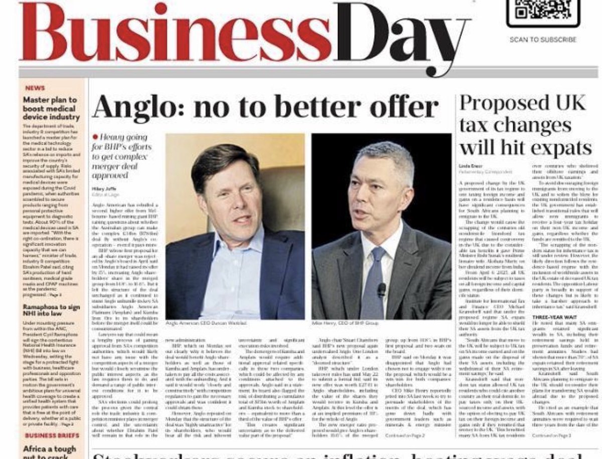Anglo is holding tight. I wonder if the CEO and board considered why they ended up being an acquisition target instead of them doing the same for other mining companies.