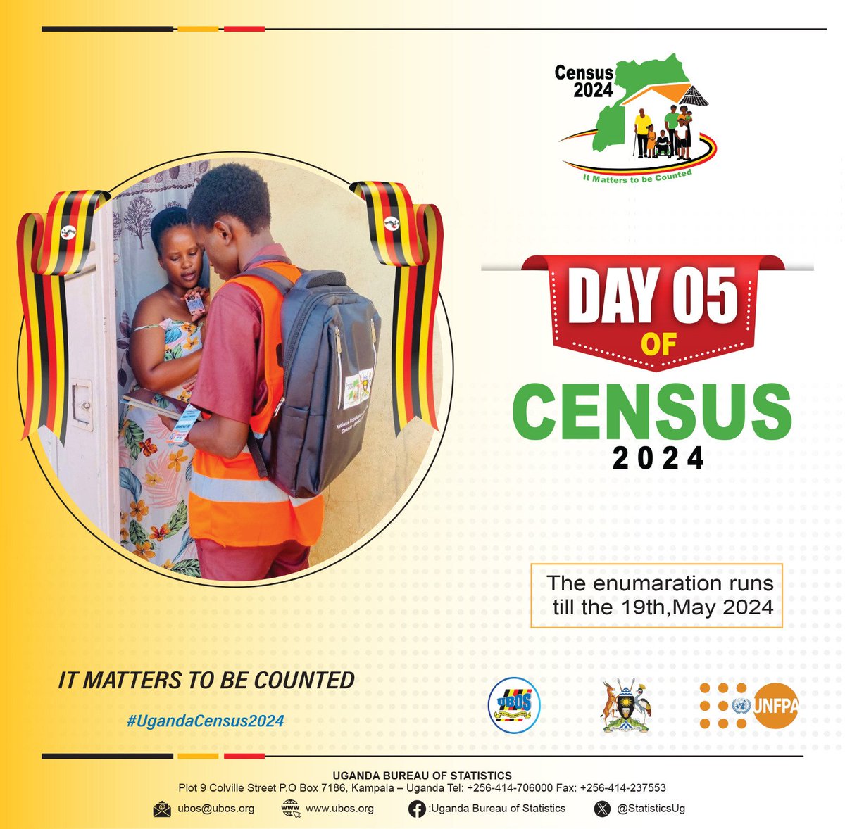 StatisticsUg's tweet photo. Over 2.6 million households have been tallied up in the ongoing #UgandaCensus2024. It's Day 05 and the counting continues. Expect enumerators to reach out soon if they haven't already. Good morning! 

 @UNFPAUganda, @UBOS_ED, @StatisticsUg, @mofpedU, @CHRISBARYOMUNSI,@UgandaMediaCent,@AmosLugoloobi, @OPMUganda,@GCICUganda, @MoICT_Ug