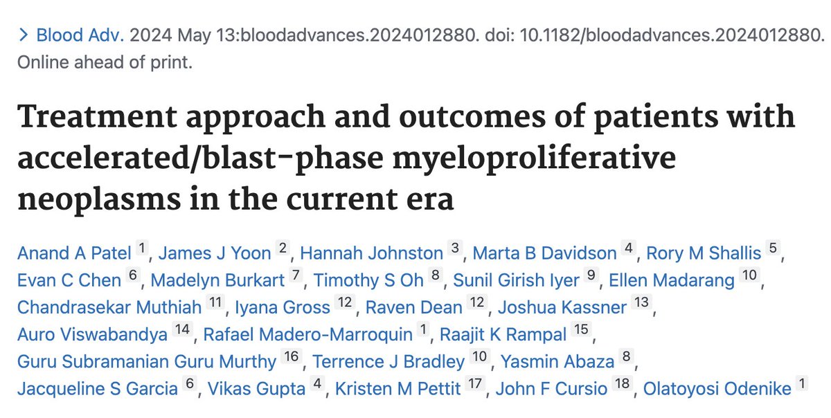 How do pts w/ MPN-AP/BP fare in the current era of AML therapies? Check out our multi-center analysis of 202 pt in @BloodAdvances focused on this question! #mpnsm #leusm

Thanks to mentor @myeloidmalig for her guidance - follow the thread for a deep dive!

ashpublications.org/bloodadvances/…