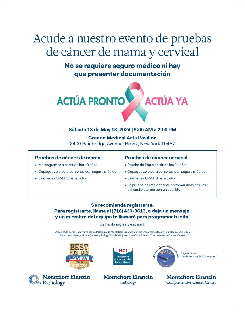 ¡Salud Es Vida! Register Now for FREE Breast & Cervical Cancer Screening Day @MontefioreNYC Free mammograms & Pap tests for women 21-64; no insurance needed Sat, May 18, 9a-2p, 3400 Bainbridge Ave, Bronx Register @eventbrite at tinyurl.com/3748tf8d Please Share/Repost 🙏🏾