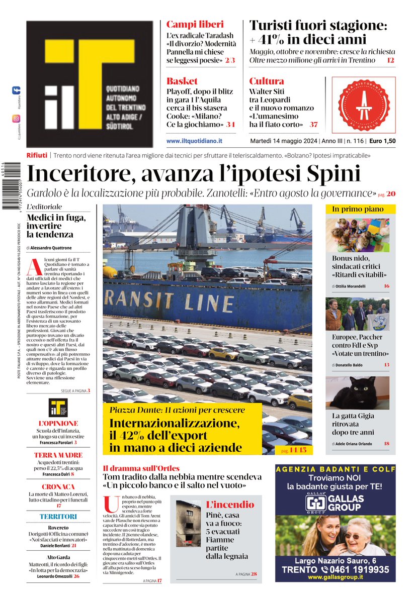 Le prime pagine dei quotidiani trentini in edicola oggi, martedì 14 maggio 2024. La rassegna stampa con le ultime notizie dal Trentino Alto Adige in onda fra poco, nel giornale radio regionale (7.18 @Radio1Rai ) e a Buongiorno Regione (7.30 @RaiTre ).