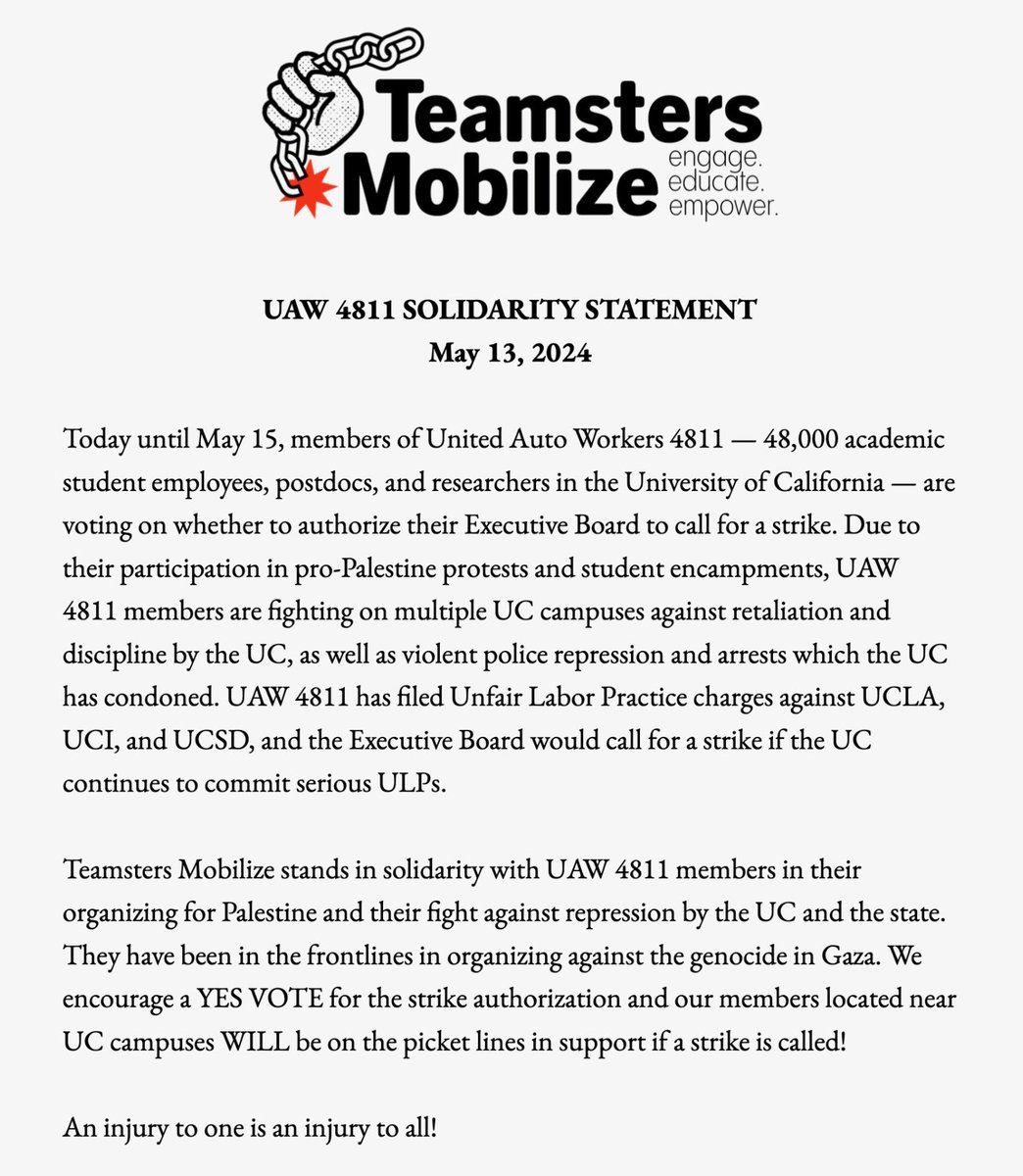 Teamsters Mobilize’s solidarity statement on @uaw_4811 strike authorization vote. 
We encourage every UAW 4811 comrade to VOTE YES! 
✊🏼✊🏽✊🏿🇵🇸