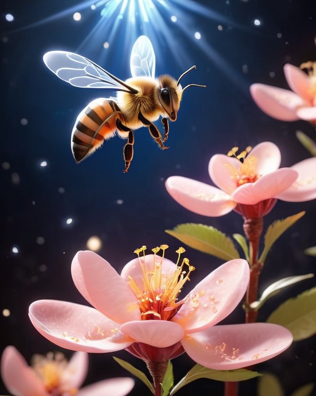 Busy bee on peach blossoms - made with @get_starryai #aiart #digitalart #starryaifeatured #starryaiweekly starryai.com/app/user/Psych…