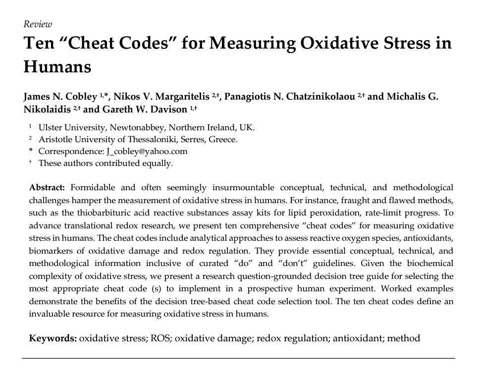 🚨 NEW PUBLICATION 🚨 Congrats Prof Gareth Davison & collaborators on their new review paper presenting 1️⃣0️⃣ ‘cheat codes’ for measuring #OxidativeStress👏 These codes provide conceptual, technical & methodological guidelines- an invaluable resource! 👉preprints.org/manuscript/202…