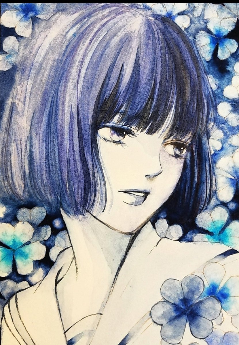 1girl solo short hair school uniform purple eyes monochrome flower  illustration images
