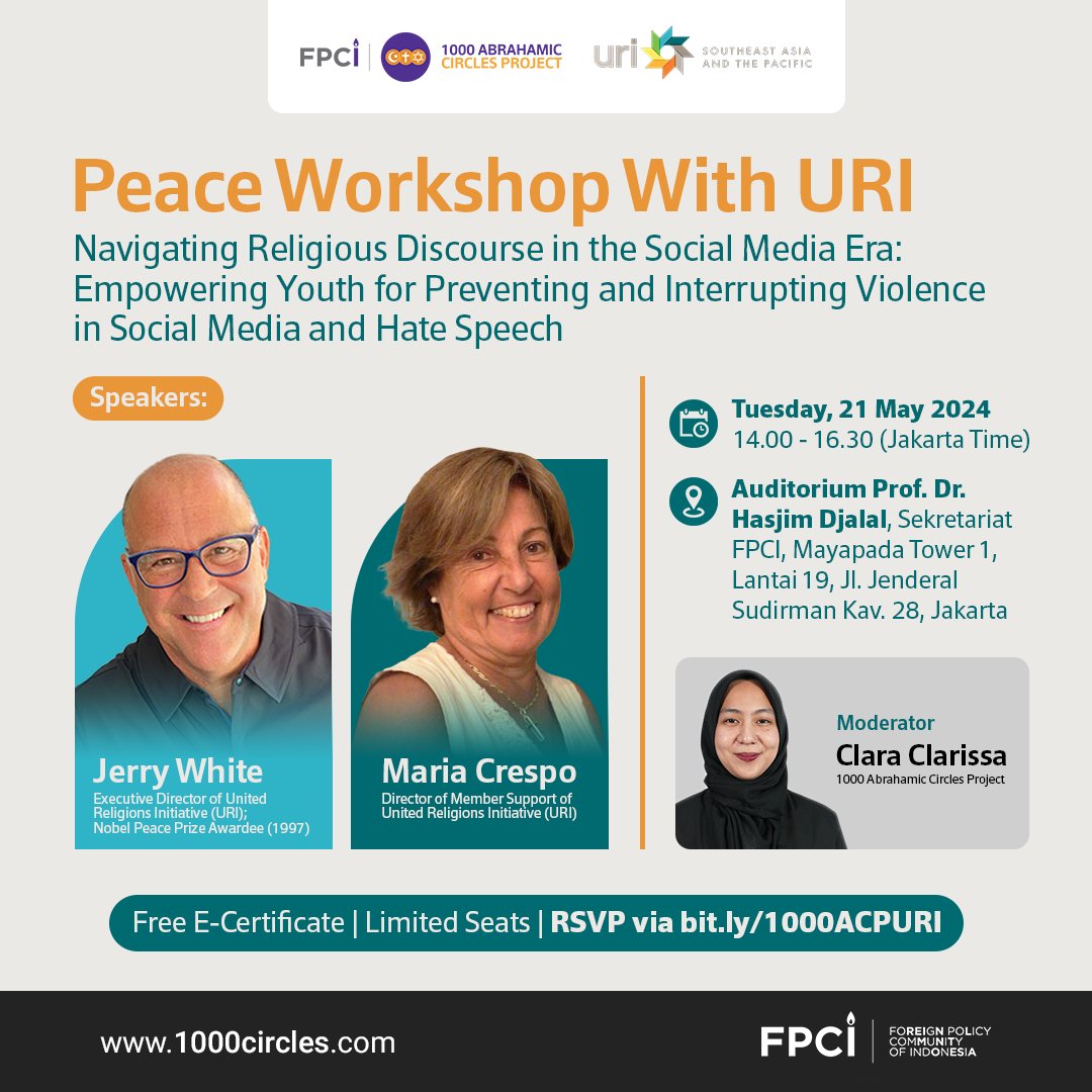 1000 Abrahamic Circles Project, in collaboration with @uriglobal, is inviting you to join the peace workshop on 'Navigating Religious Discourse in the Social Media Era: Empowering Youth to Prevent and Interrupt Violence and Hate Speech.” REGISTER NOW ➡️bit.ly/1000ACPURI