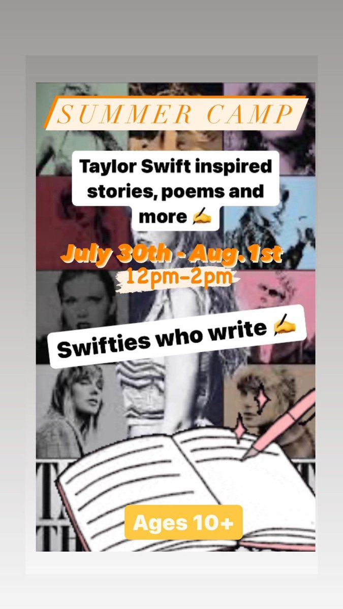 Our first ‘Taylor Swift’ inspired camp. Using song titles and more to create ✍️ Ages 10+ DM to book or for more info. @taylorswift13 #Swifties #creativewriting #imagination #creativity #summercamp