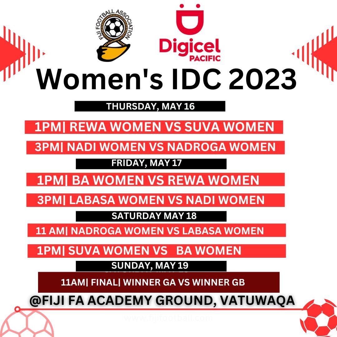 Less than 48 hours until kickoff at the Digicel Women's IDC 2023! Get ready for thrilling matches featuring top district teams Rewa, Suva, Nadi, Nadroga, Ba, and Labasa at the Fiji FA Academy Ground in Suva. Don't miss out! #WomensFootball #WomensIDC