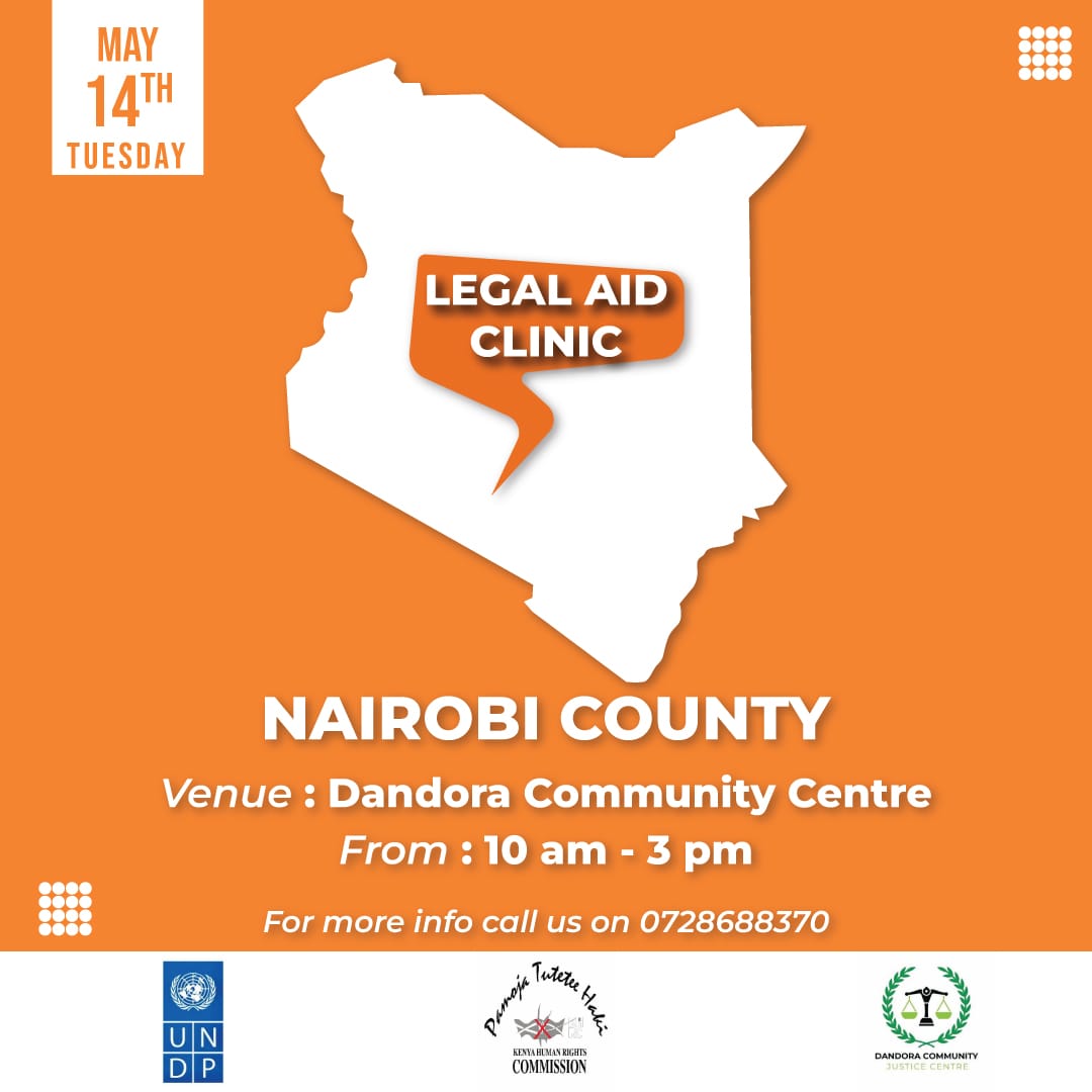 Day 2 of our Legal clinics If you're in Dandora or Dagoretti, Our legal team will be on-site today, ready to assist with any legal questions or concerns you may have.Don't miss out on this opportunity,we're here to help, spread the word and see you there Check poster for details