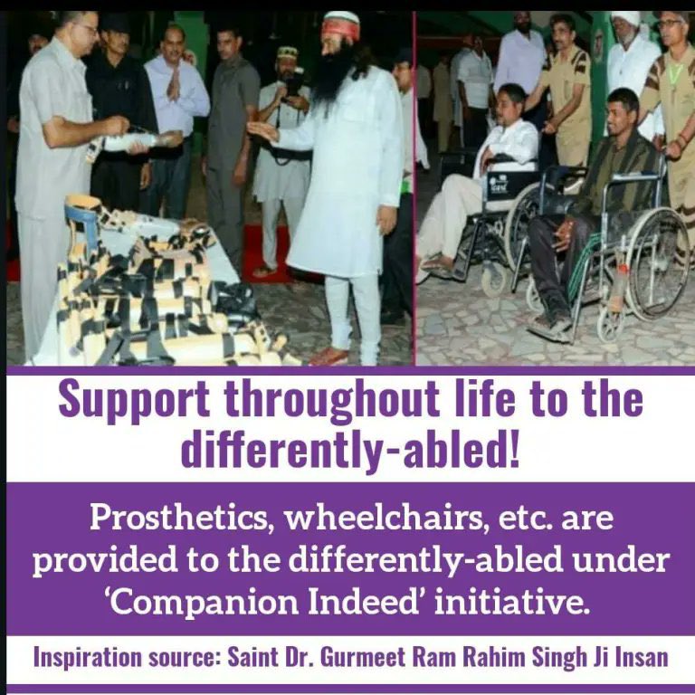 Dera Sacha Sauda servitors provide wheel chairs ,tricycles,calipers etc to disable persons totally free of cost and support by the inspiration of Ram Rahim Ji under #साथी_मुहिम .Its  makes their life easier.