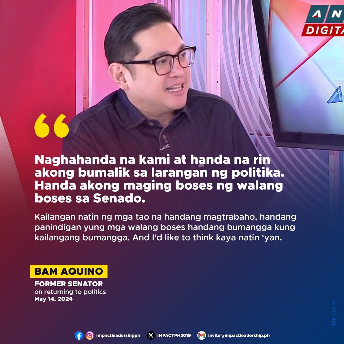 'HANDA NA RIN AKONG BUMALIK SA LARANGAN NG POLITIKA' Former Sen. Bam Aquino says he is ready to return to politics. #Halalan2025