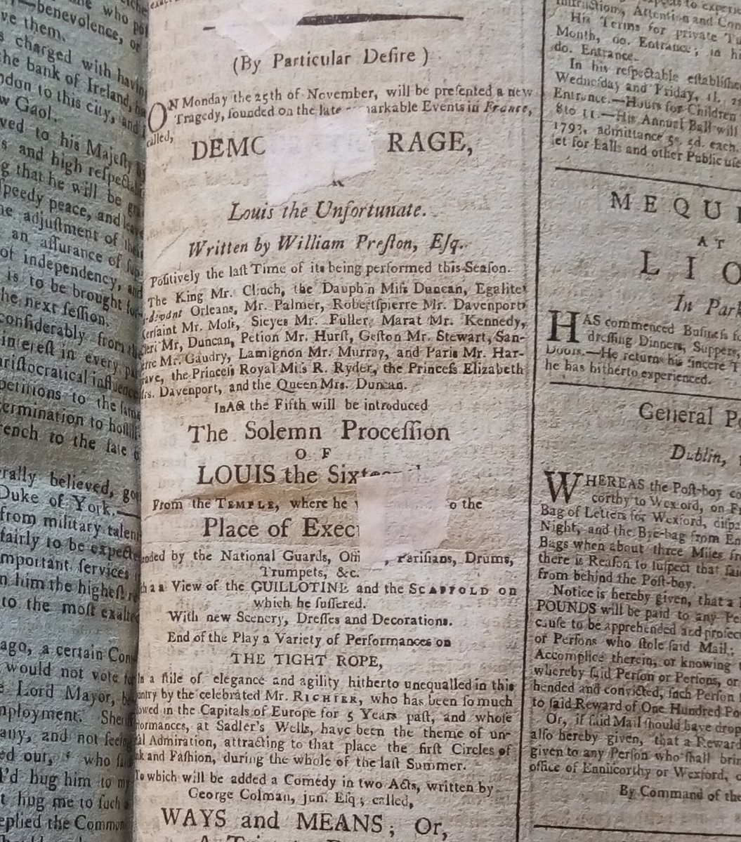 Our current Maddock Fellow Maria Zukovs @m_zukovs came across some iffy repairs on an advertisement in the Morning Post for the play 'Democratic Rage, or Louis the Unfortunate' performed in Dublin on 25th November 1793.