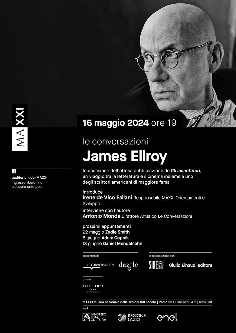 James Ellroy in conversazione con Antonio Monda al @Museo_MAXXI di Roma giovedì 16 maggio alle 19!