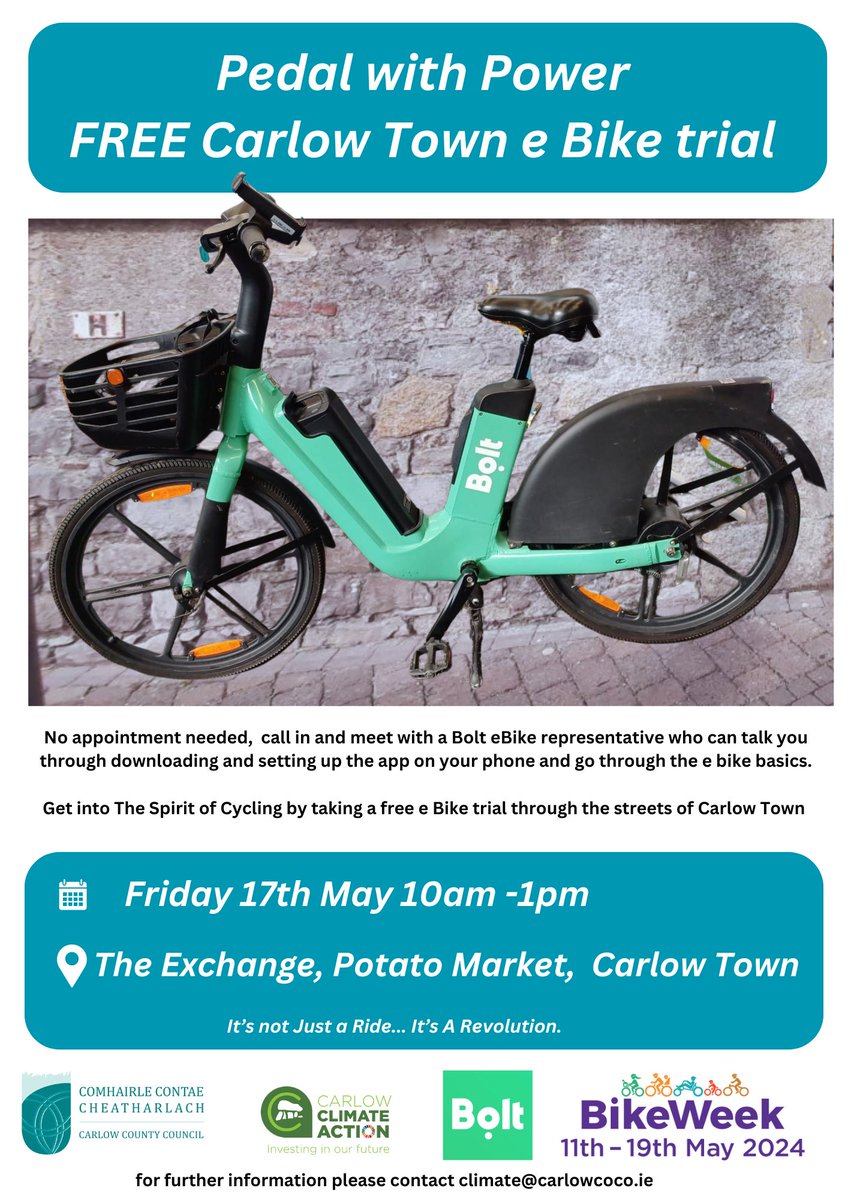 At #SETU we are firmly committed to promoting sustainable and active commuting options for our students, staff and visitors. BOLT bikes 🚴‍♂️ are offering free e-bike trials this Friday as part of National Bike Week! @Carlow_Co_Co