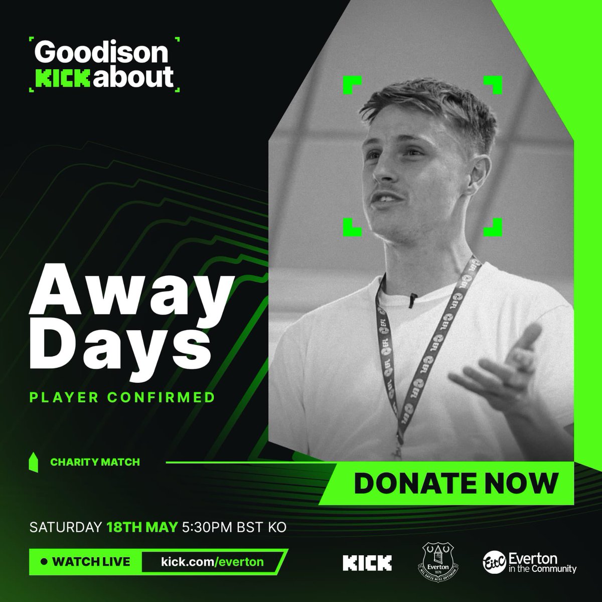 I’m playing at Goodison Park 😅

Make sure to check out the #GoodisonKickabout this Saturday the 18th of May!

It’s a charity event to help raise money for the fantastic @EITC 

I’m aiming to score 55.