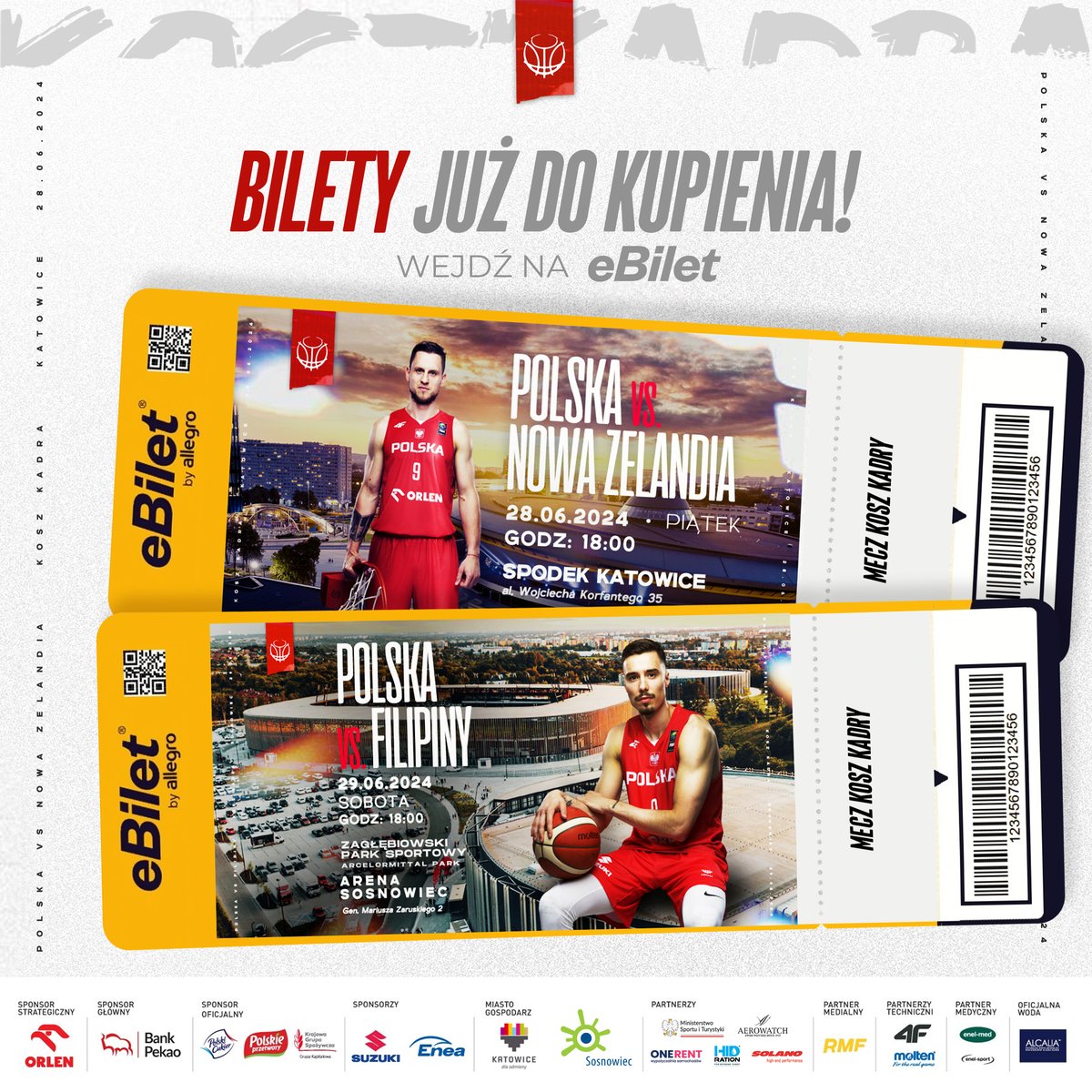 🎫 Ruszyła sprzedaż biletów na mecze #KoszKadra Polska 🆚 Nowa Zelandia (28.06, Katowice) ➡️ ebilet.pl/sport/sporty-d… Polska 🆚 Filipiny (29.06, Sosnowiec) ➡️ ebilet.pl/sport/sporty-d… @GrupaORLEN @BankPekaoSA @kgs_pl @PolskaSuzuki #Enea