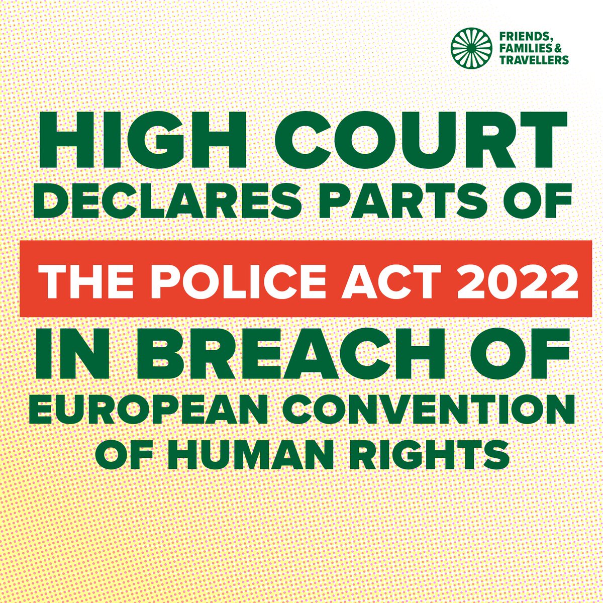 💥MAJOR NEWS💥

Today, a High Court Judge has declared parts of Police Act 2022 as being in breach of European Convention of Human Rights.

The Police Act 2022 increased the power to ban Gypsies and Travellers from an area from 3 to 12 months. (1/6)

gypsy-traveller.org/news/high-cour…