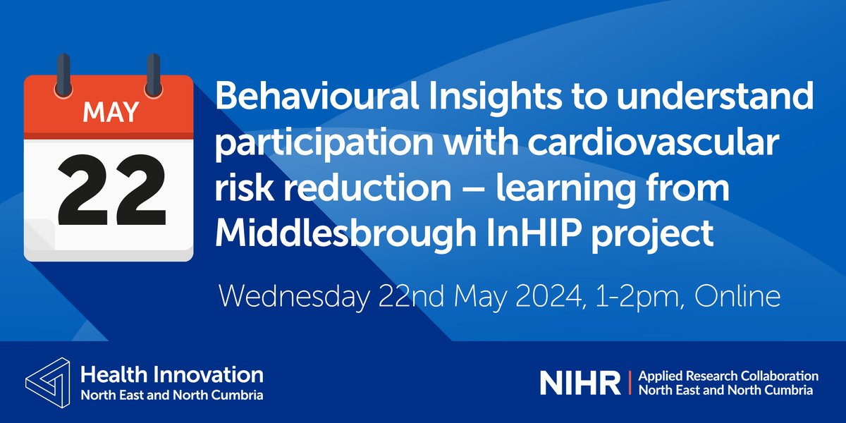 EVENT: Behavioural Insights (BI) to Understand Participation with Cardiovascular Risk Reduction Join us to find out how a BI approach has informed the Innovation for Healthcare Inequalities Project 📅 22nd May 2024 ⏰ 1-2pm Register 👉 bit.ly/442KAk9 @NIHR_ARC_NENC