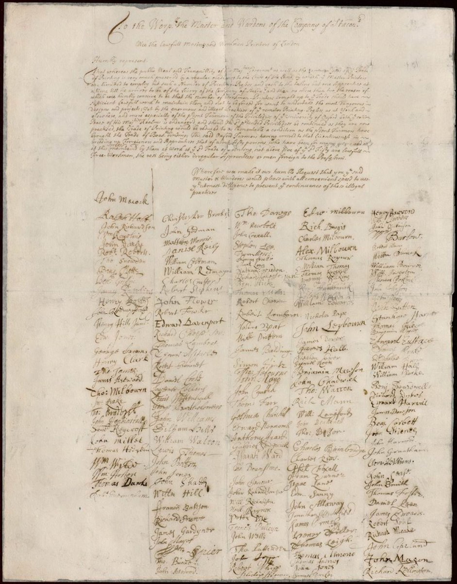 Well this is 😍

A petition to the leaders of the Stationers' Company signed by 180 (!!) 'lawfull Masters and Workmen printers of London' complaining about 'irregular Apprentices' & 'men forreign to the Profession', c.1685.

#PowerOfPetitioning
HT: @PaulWilbooks
