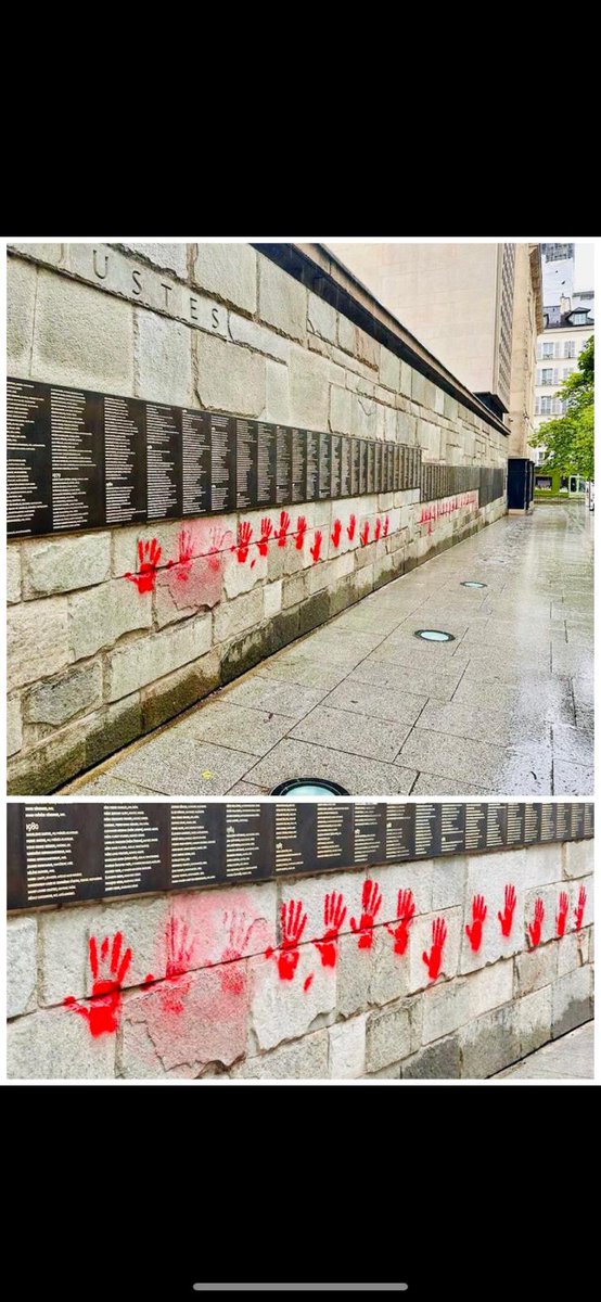Vandalizing a Holocaust memorial won't free Palestine, especially with symbols that either imply support for terror or blood libel. 

The main Holocaust memorial in Paris was desecrated with red hand prints. 

You are just terrorizing Jews. It has to stop.