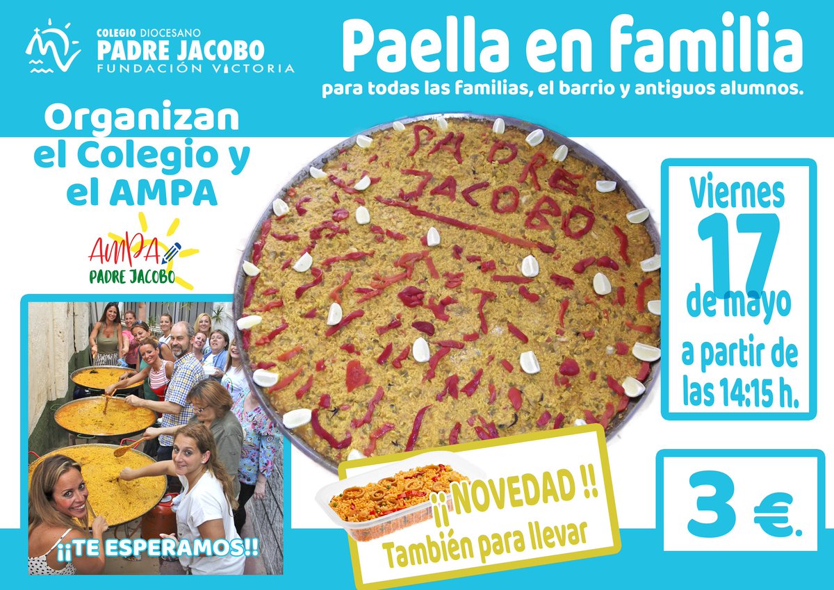 ‼️‼️ATENCIÓN ‼️‼️ 

El próximo viernes 17 de mayo organizaremos junto a nuestro @ampapadrejacobo la tradicional 🥘 Paella en familia 🥘

🗓️ Viernes 17 de mayo
⏰ Desde las 14:15
🪙 3€ 
🥘 Y como novedad este año también para llevar